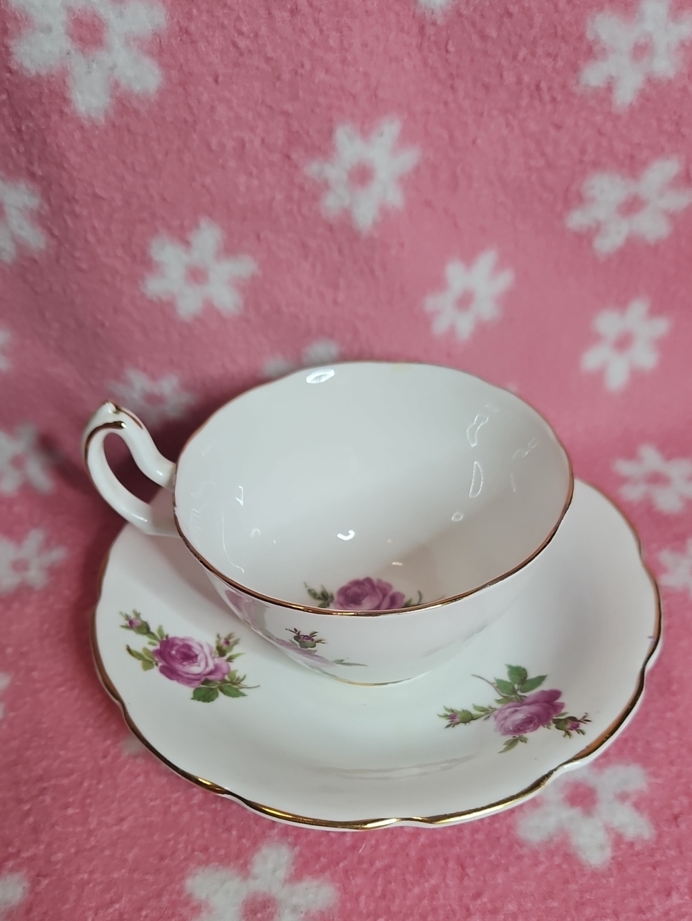 White and Pink Floral Porcelain Vanderwood Teacup and Saucer with Gold Trim